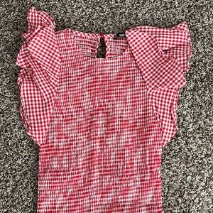 Red gingham mini ruched dress